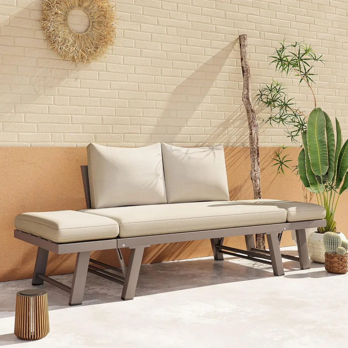 Divano da giardino 2 posti reclinabile con cuscini e braccioli pieghevoli, beige
