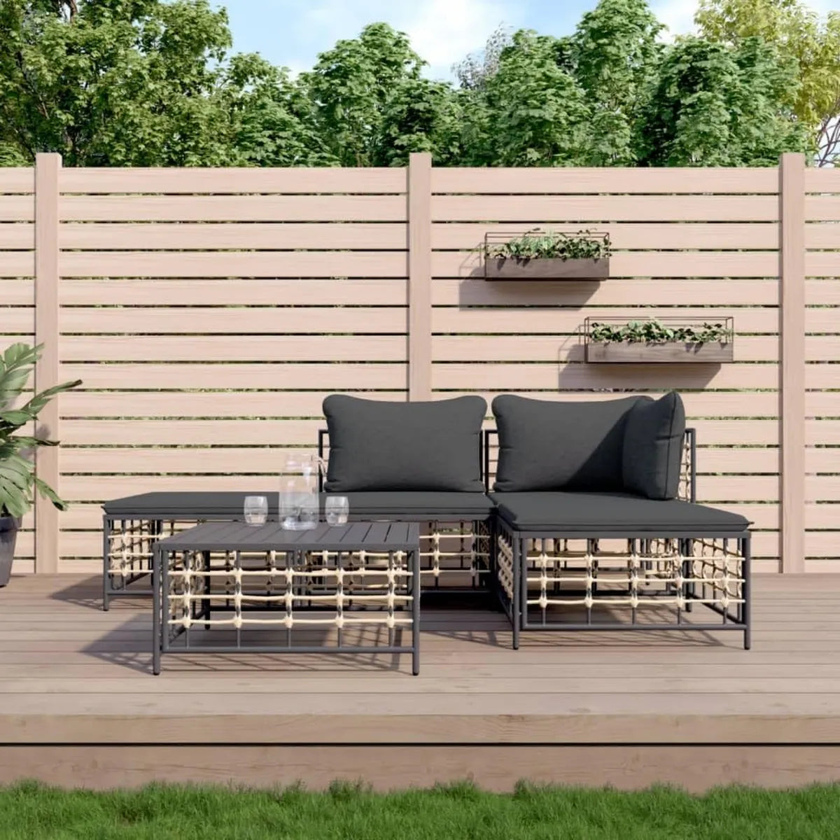 Set Salotto da Giardino in Polyrattan Antracite con Cuscini, 5 Pezzi, per Piscina e Patio