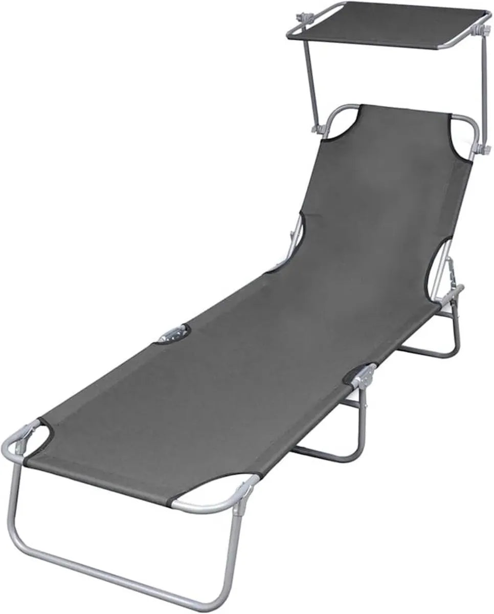 Lettino Prendisole Pieghevole in Acciaio con Baldacchino Grigio per Giardino e Piscina