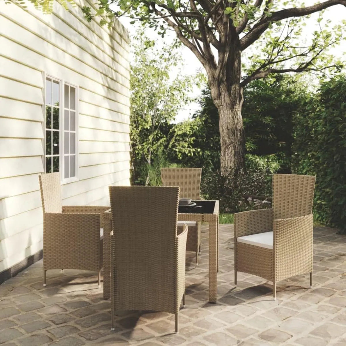Set arredo da esterno in polyrattan beige, 5 pezzi con cuscini