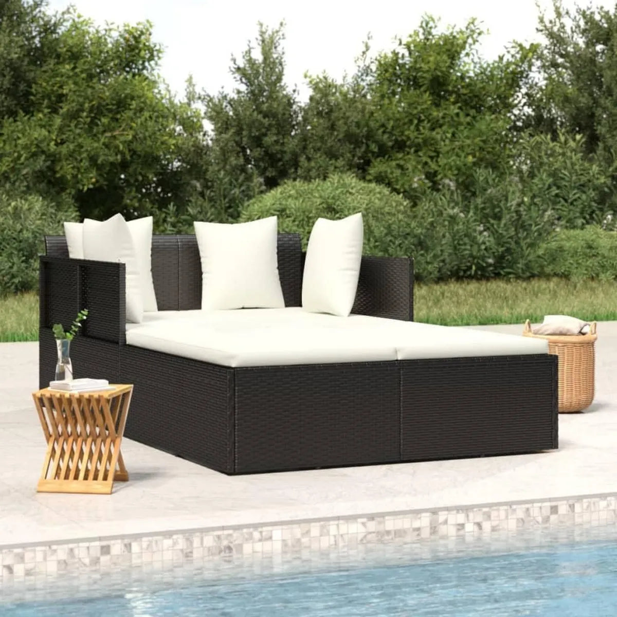 Lettino da Giardino per Due Persone in Rattan con Cuscini Neri 182x118x63 cm