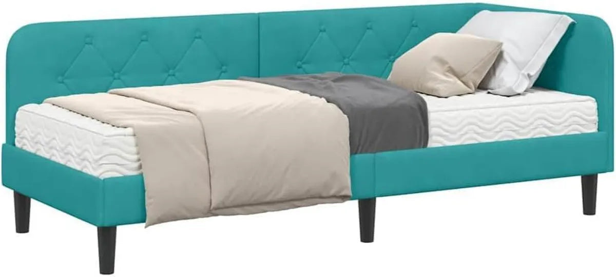 Letto ad Angolo Turchese 80x200 cm in Velluto con Materasso in Schiuma