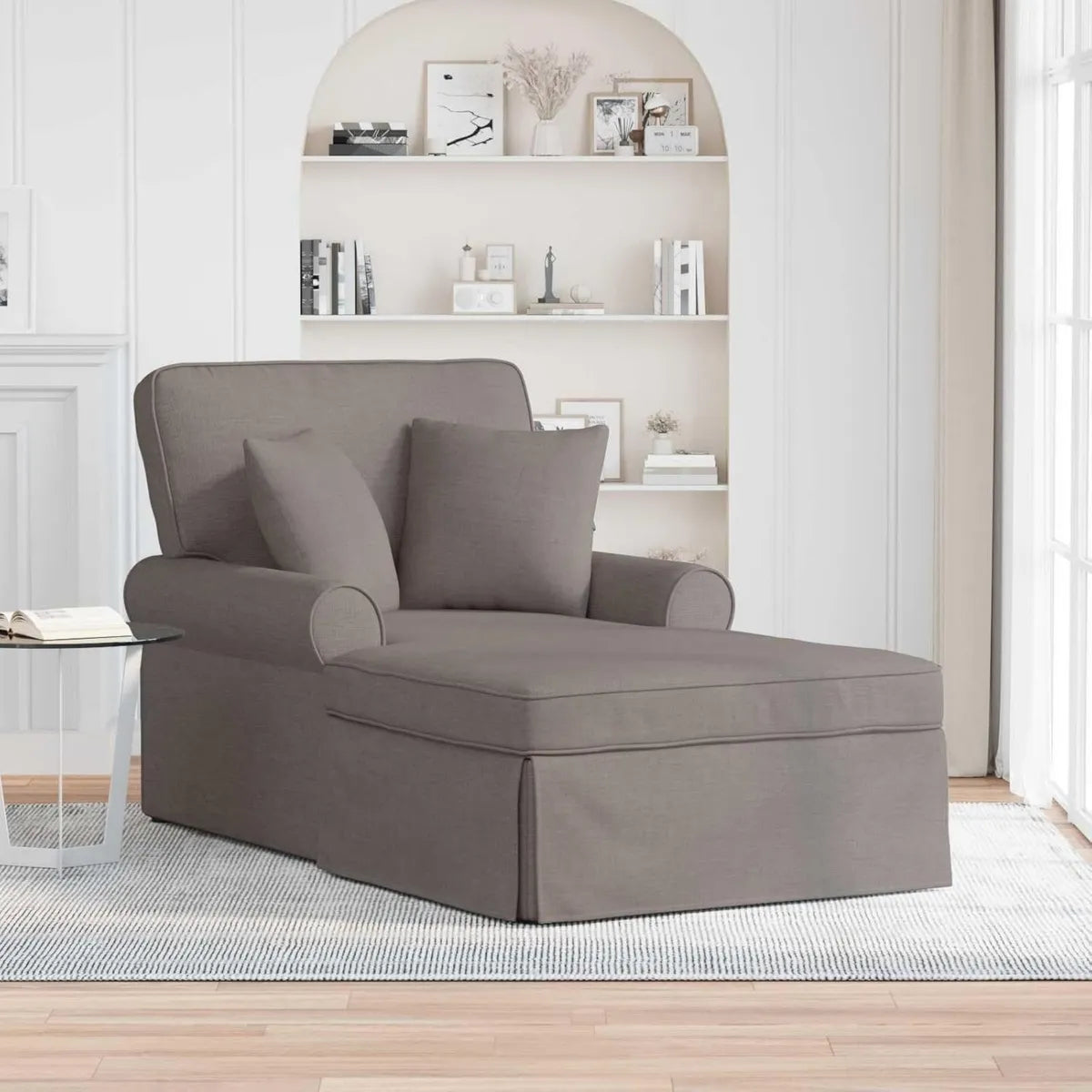 Elegante Chaise Longue Tortora in Tessuto con Cuscini, Moderna e Comoda