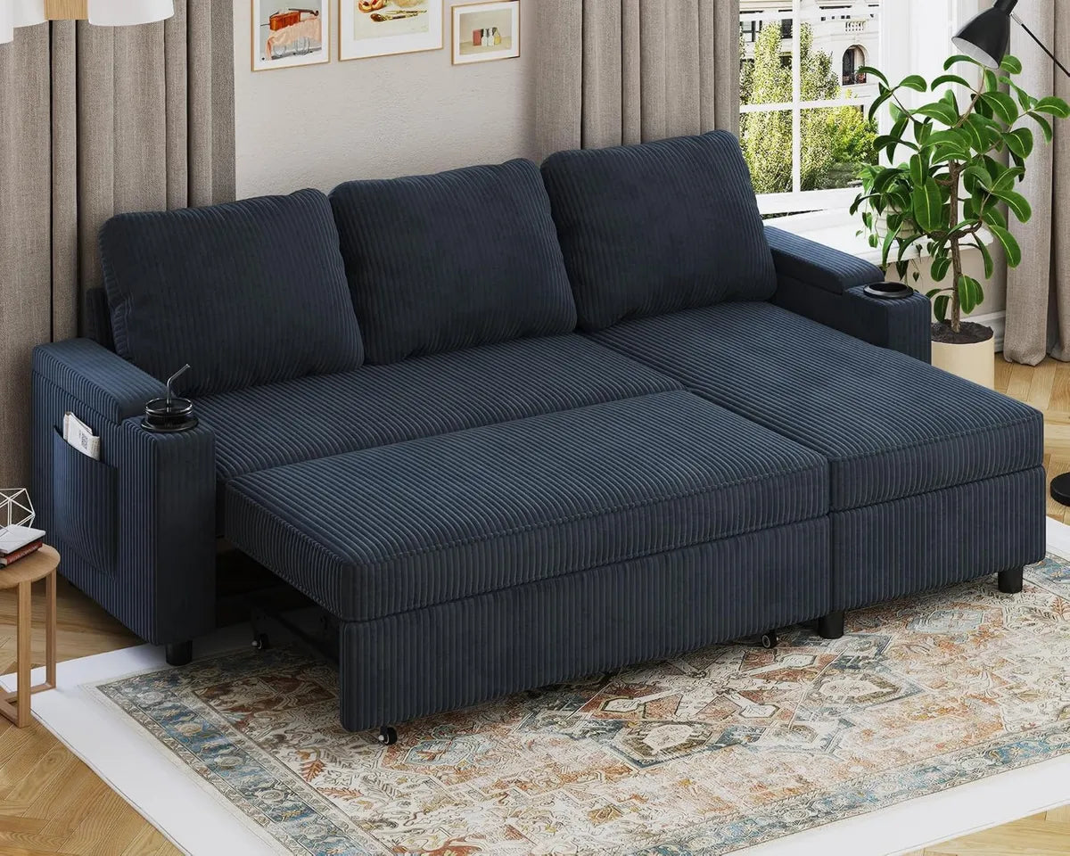 Divano Angolare 3 Posti Convertibile in Letto con Contenitore e Portabicchieri, Beige e Nero