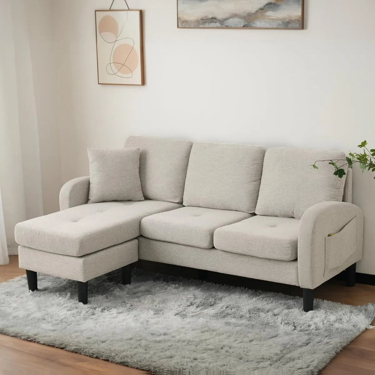 Divano angolare a L modulare 3 posti con chaise longue in lino cotone traspirante