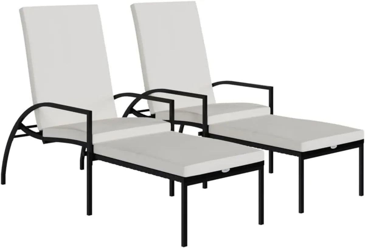 Set 2 Lettini Sdraio Rattan con Poggiapiedi e Braccioli, Colore Nero