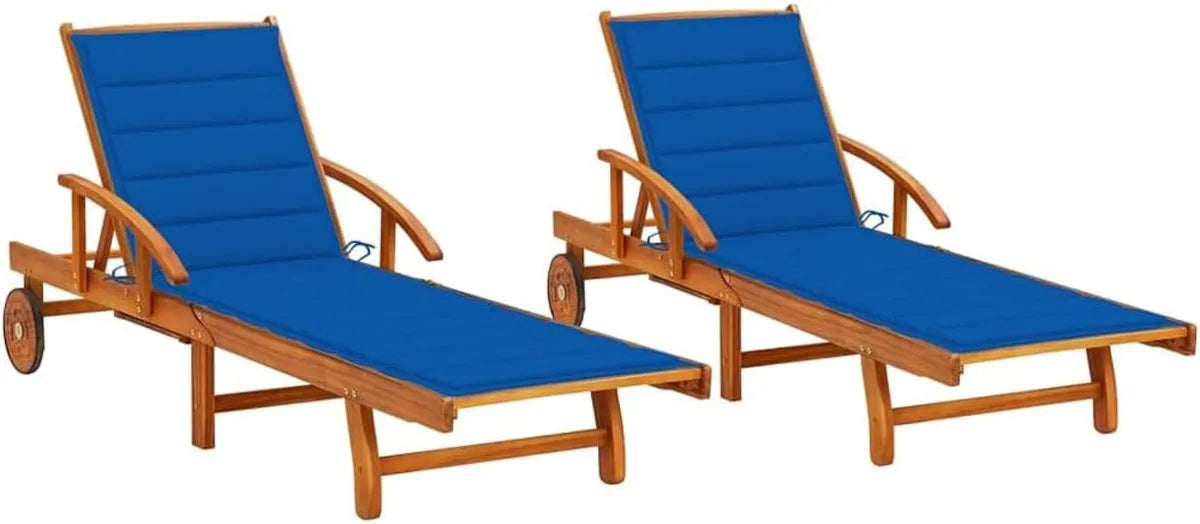 Lettini Prendisole in Acacia con Cuscini Blu e Ruote - Set di 2 per Giardino e Piscina