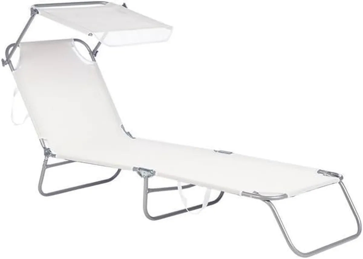 Lettino Sdraio Pieghevole con Parasole Regolabile in Textilene per Esterno, 188x55x24 cm, Bianco