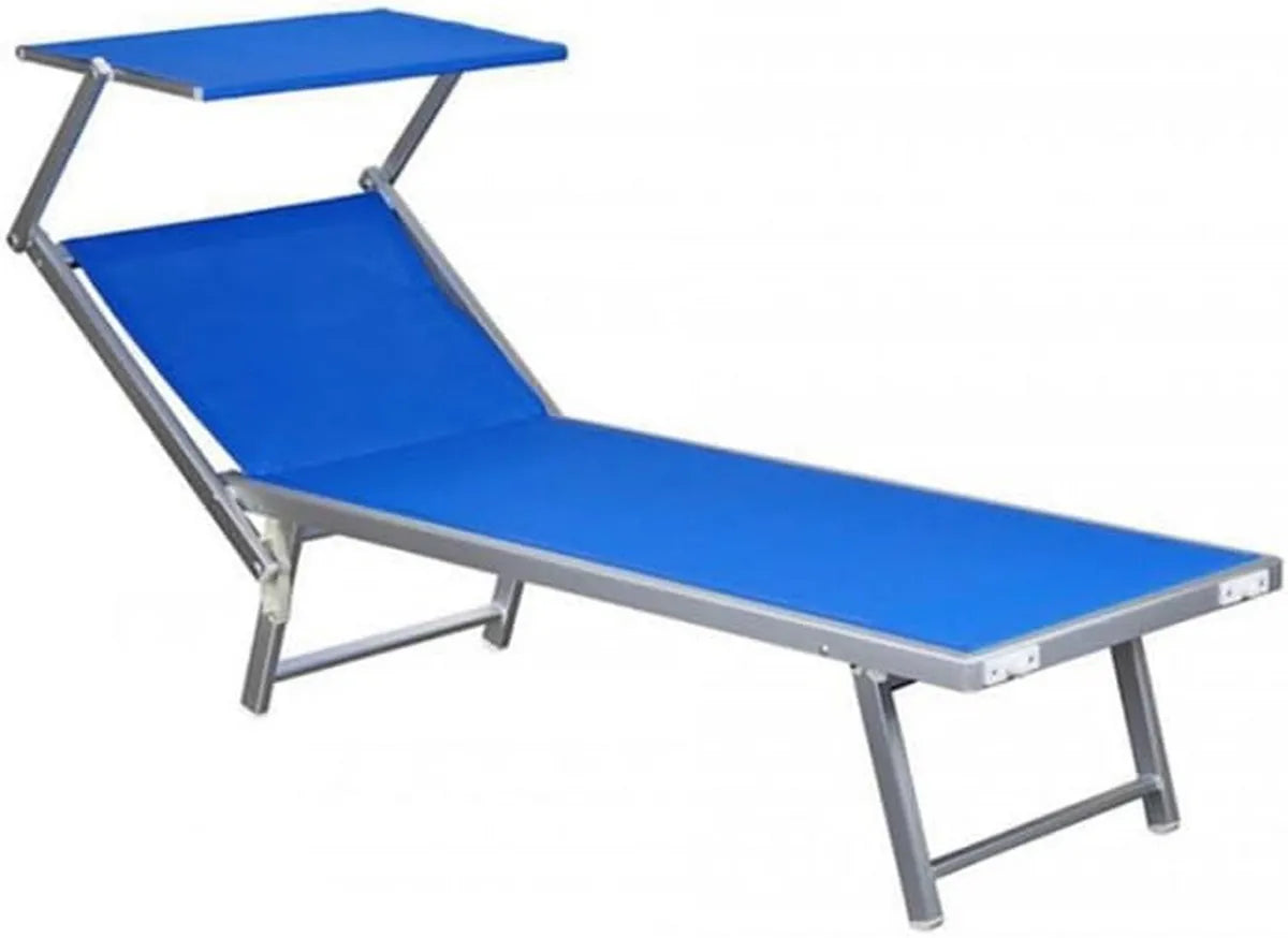 Lettino Prendisole in Alluminio e Textilene, Schienale Regolabile, con Parasole, 189x58x36 cm, Ideale per Giardino e Spiaggia - Blu