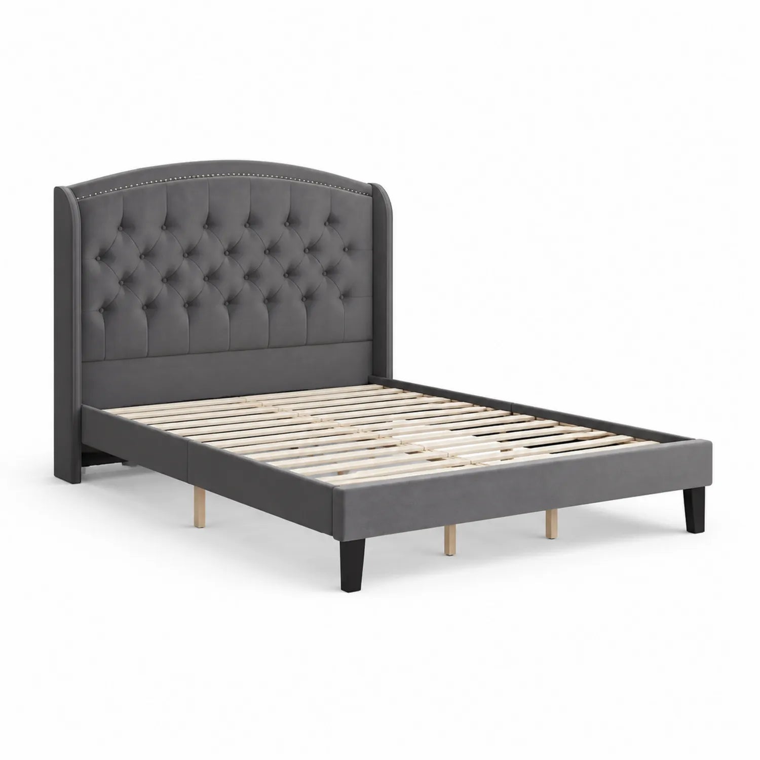 Letto Matrimoniale con Testiera Imbottita in Similpelle Grigio Scuro