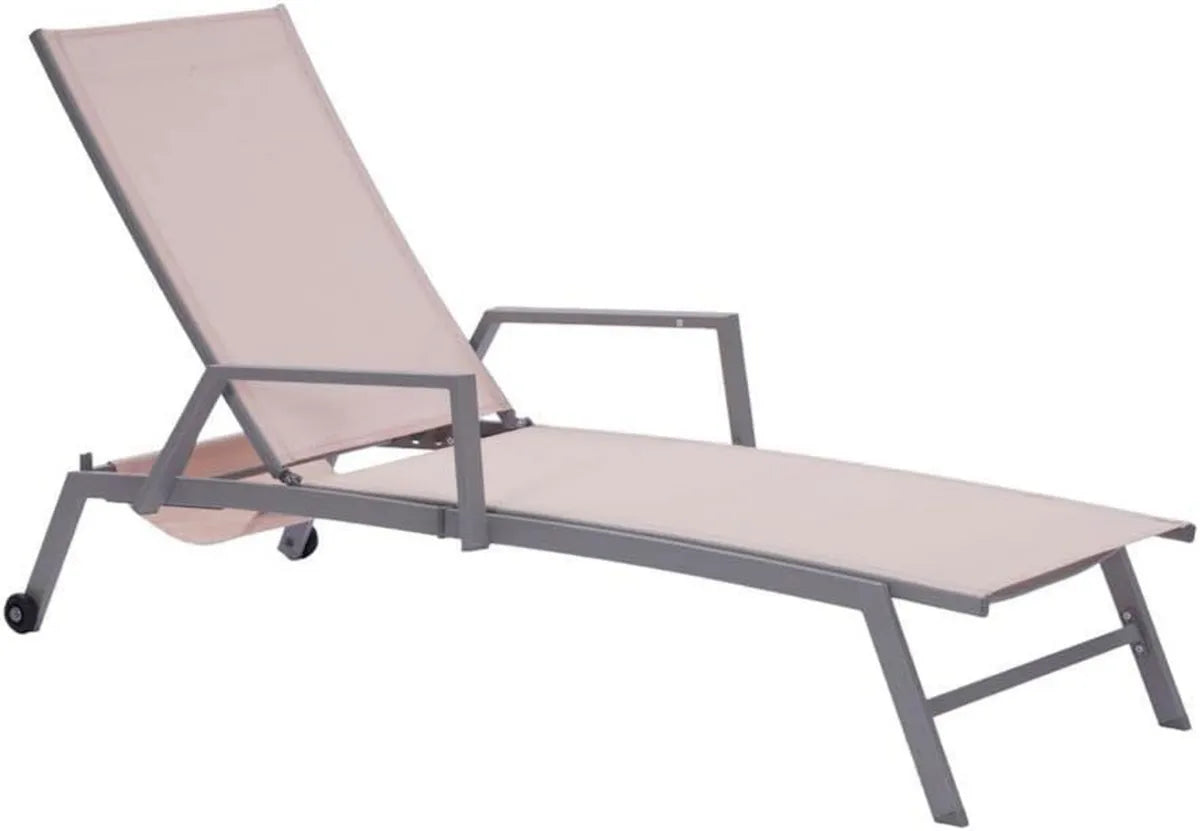 Lettino Sdraio Pieghevole da Giardino con Schienale Regolabile e Portaoggetti, 197x72x99 cm (Struttura Grigia, Tessuto Beige Taupe)