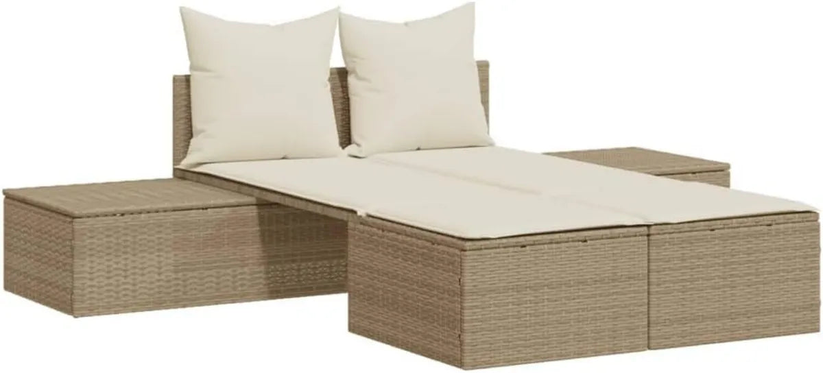 Lettino modulare in polyrattan beige con cuscini imbottiti e rivestimenti sfoderabili