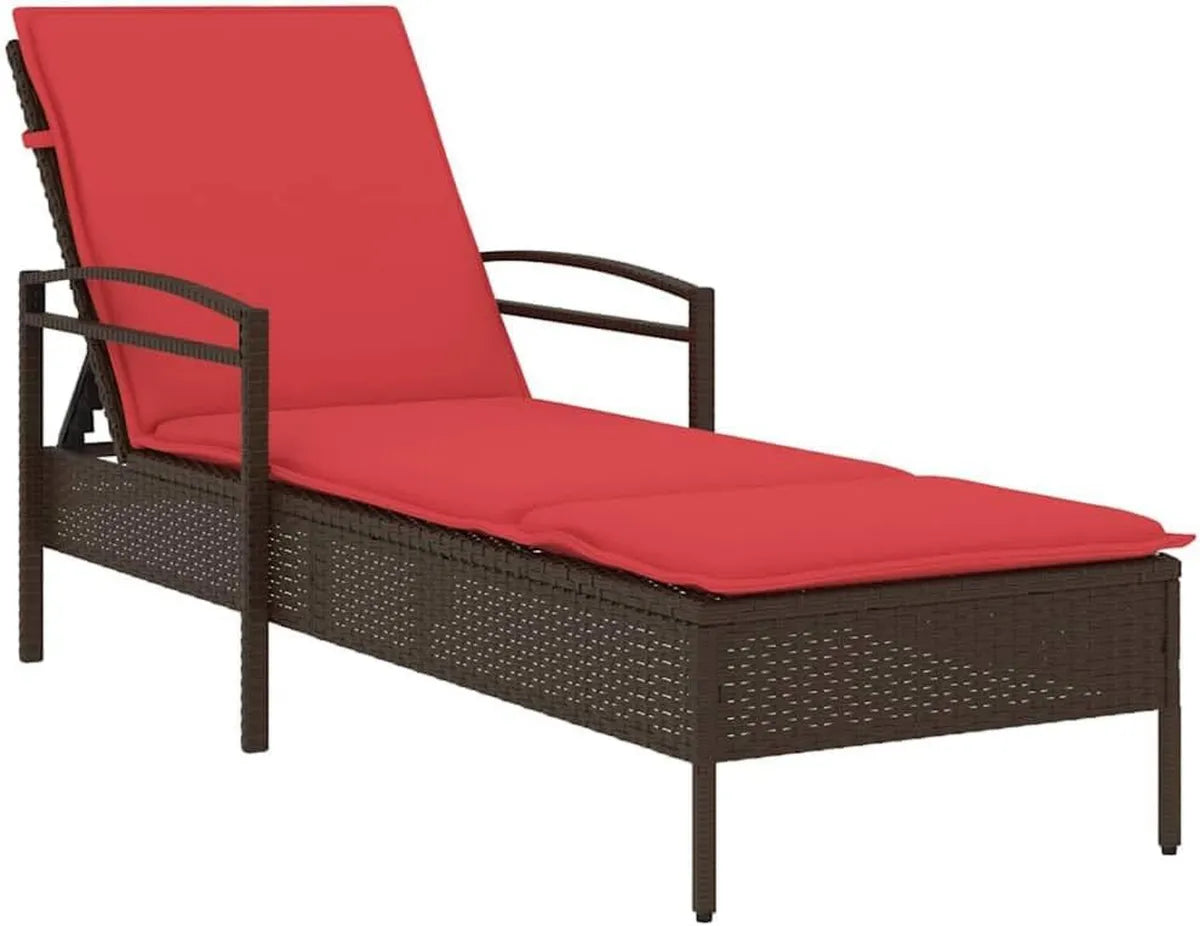 Lettino Prendisole in Polyrattan Marrone con Cuscino Rosso, Schienale a 3 Posizioni, Struttura in Acciaio per Esterni