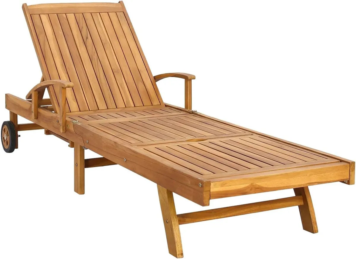 Sdraio in Teak Regolabile con Ruote e Tavolino Laterale per Esterni