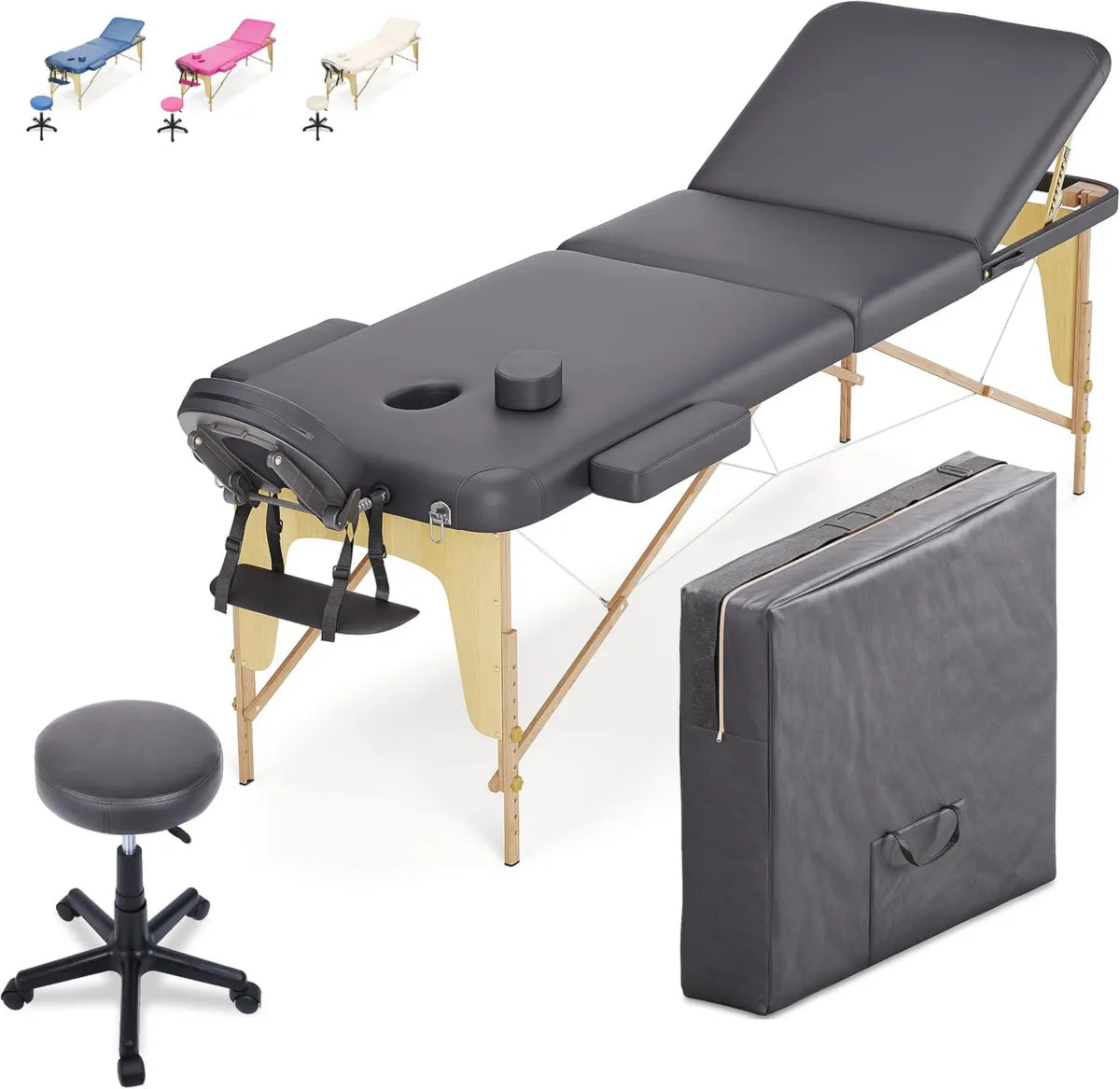 Lettino Massaggio 3 Zone in Legno con Sgabello Regolabile e Borsa, 195/225 x 70 cm - Design Ergonomico e Angoli Rinforzati - Nero