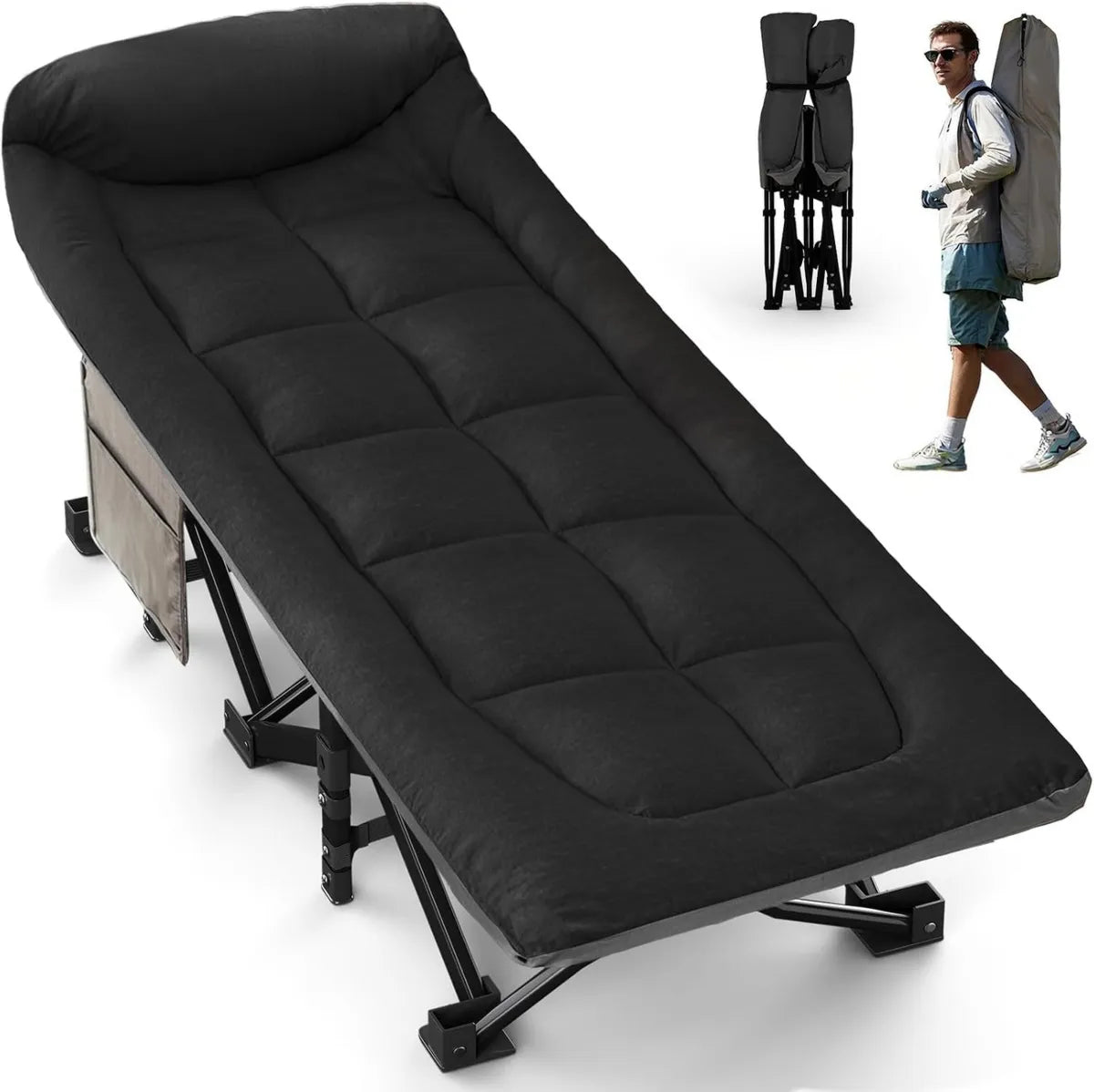 Brandina Pieghevole da Campeggio XL con Portata 250 kg - Include Cuscino e Borsa per Trasporto - Colore Nero