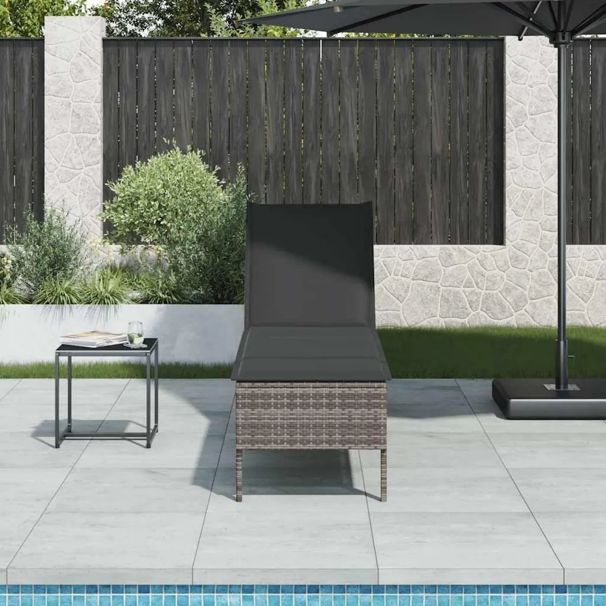 Lettino Prendisole Homgoday in Polyrattan Grigio con Cuscino, 55x200x44cm, Arredo Giardino Elegante