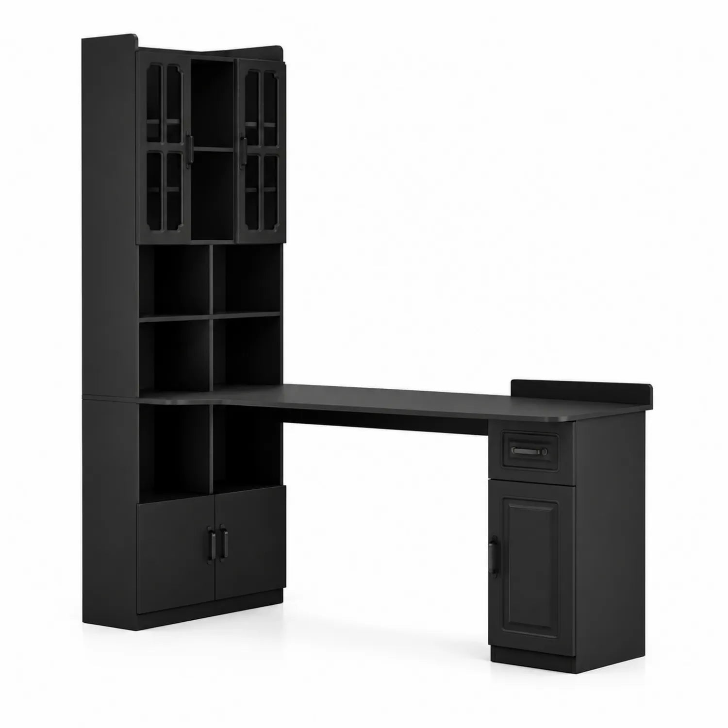 Scrivania angolare in legno composito nero con libreria 180x60x150 cm