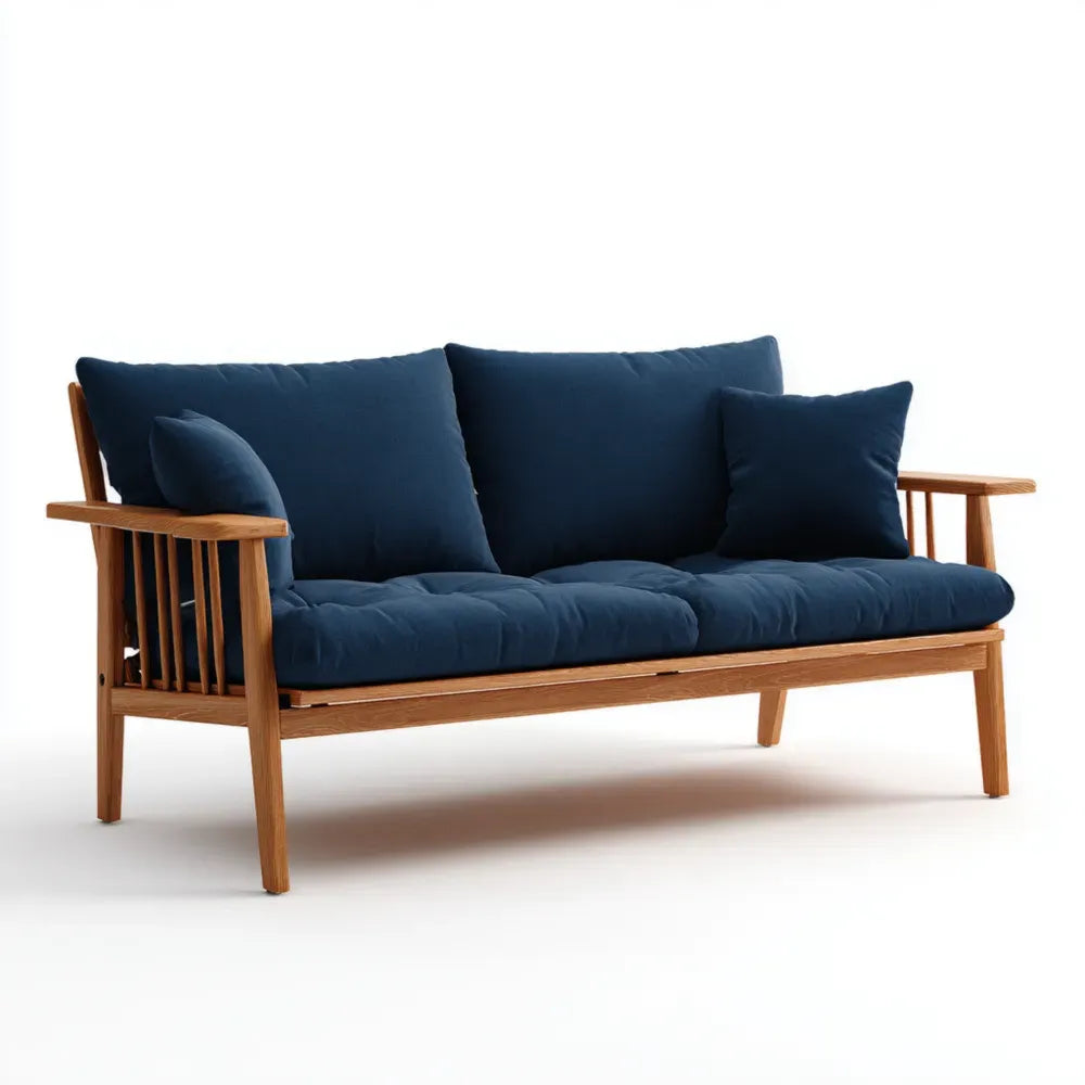 Modern Wooden Frame Sofa with Fabric Cushions 200x85x90 cm - Navy Blue