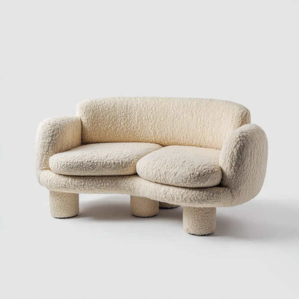 Curved Sofa Set 140x85x80 cm - Sherpa Upholstery - Cream - Contemporary Design